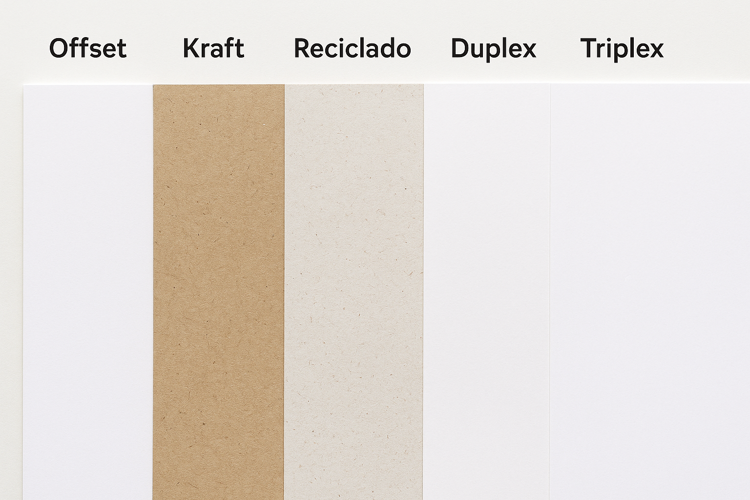 Amostras de diferentes tipos de papel: kraft, offset, couché