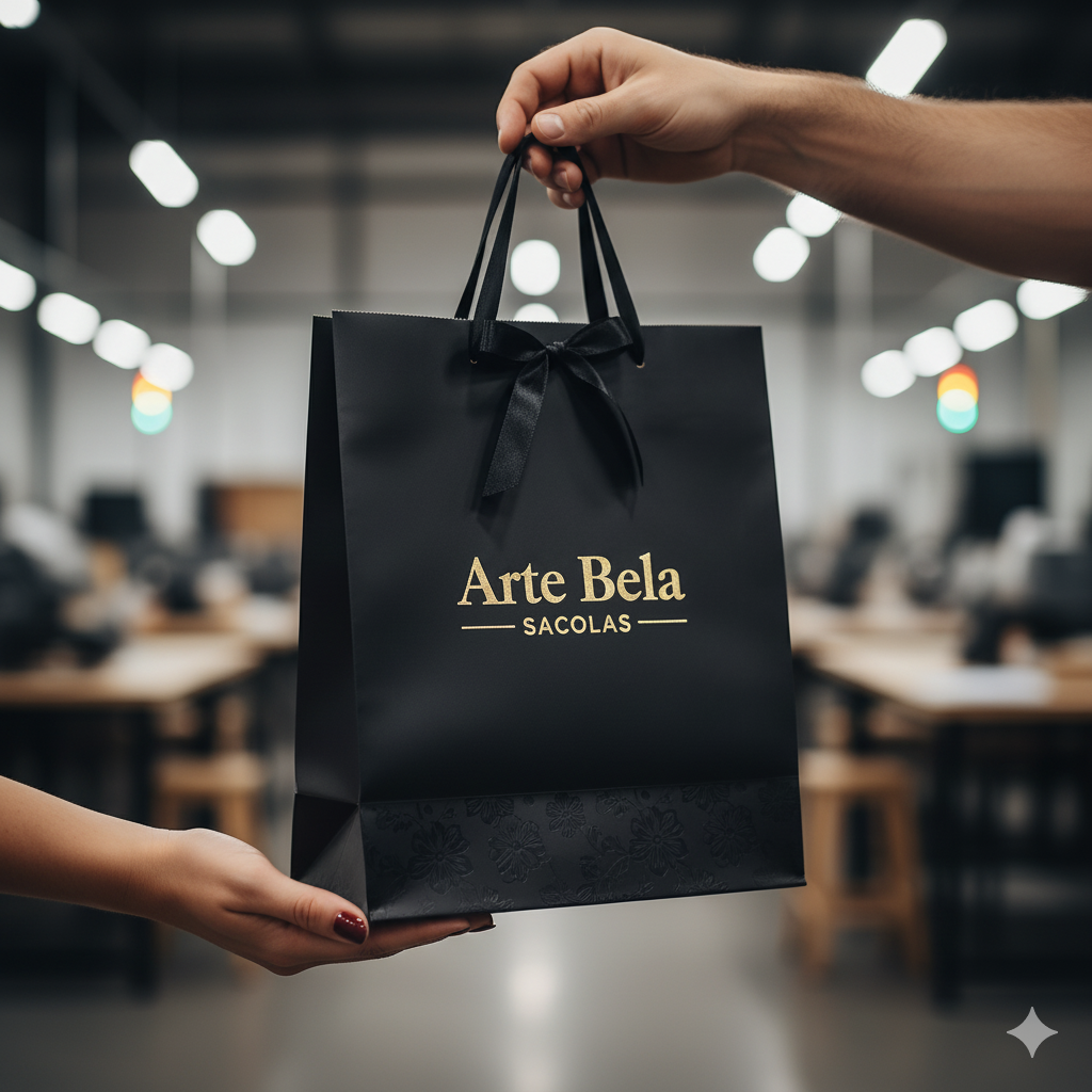Mãos segurando uma sacola de papel personalizada de luxo