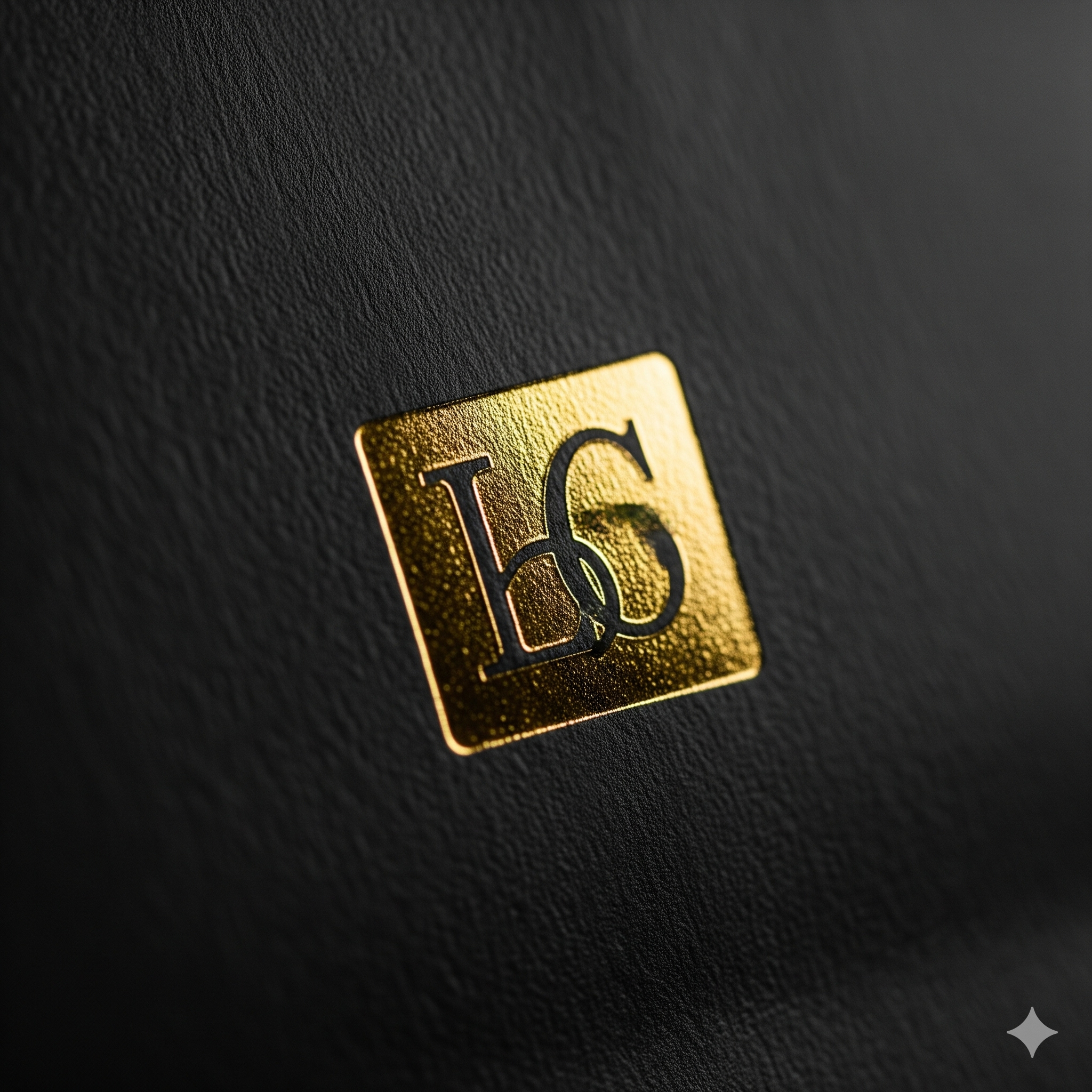 Close-up extremo de uma sacola preta com hot stamping dourado e textura de laminação.