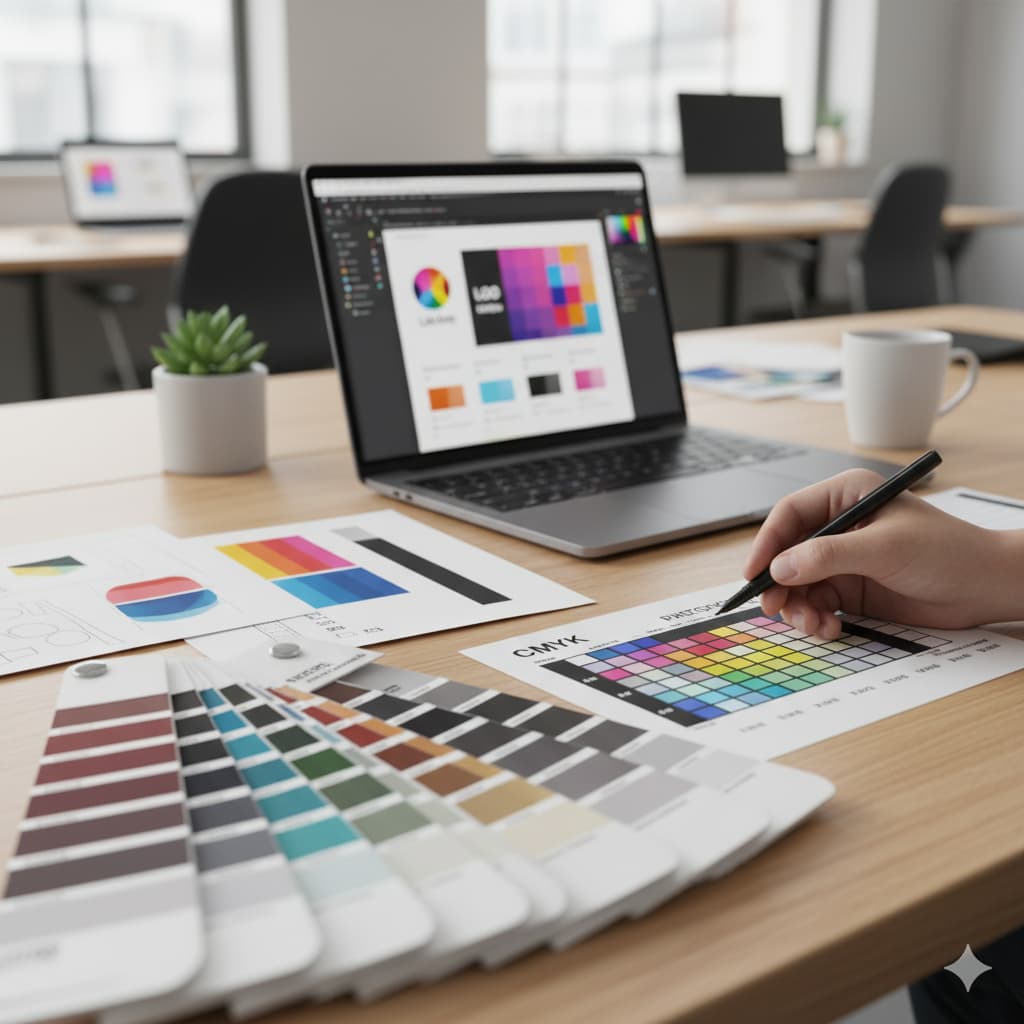 Paleta de cores CMYK e Pantone sobre uma mesa de designer gráfico, ilustrando a escolha de cores para impressão.