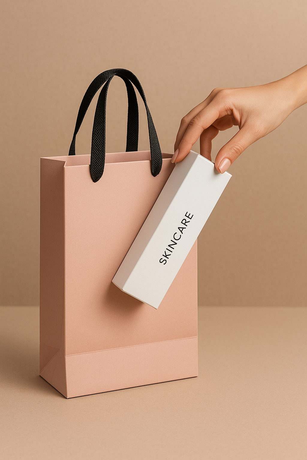 Sacola de papel para clínica de estética com estrutura rígida, protegendo caixas de produtos de skincare.