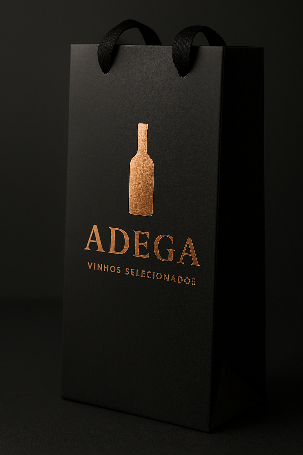 Detalhe de sacola offset preta com hot stamping dourado, ideal para vinhos de luxo.