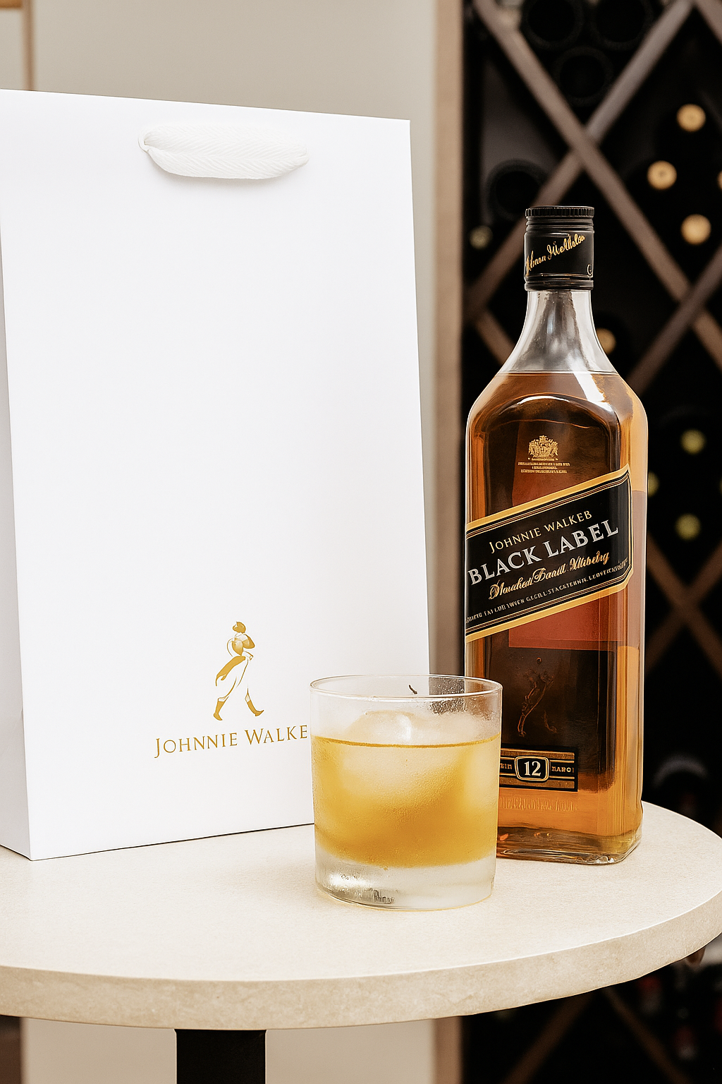 Sacola de papel offset de alta gramatura para adega, mostrando alça de nylon e reforço para garrafas de vinho.