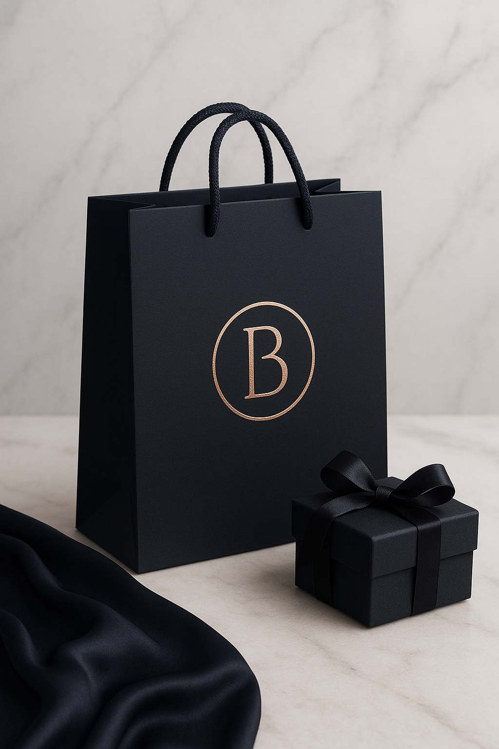 Detalhe de uma sacola de boutique com aplicação de logo em hot stamping dourado e relevo seco.