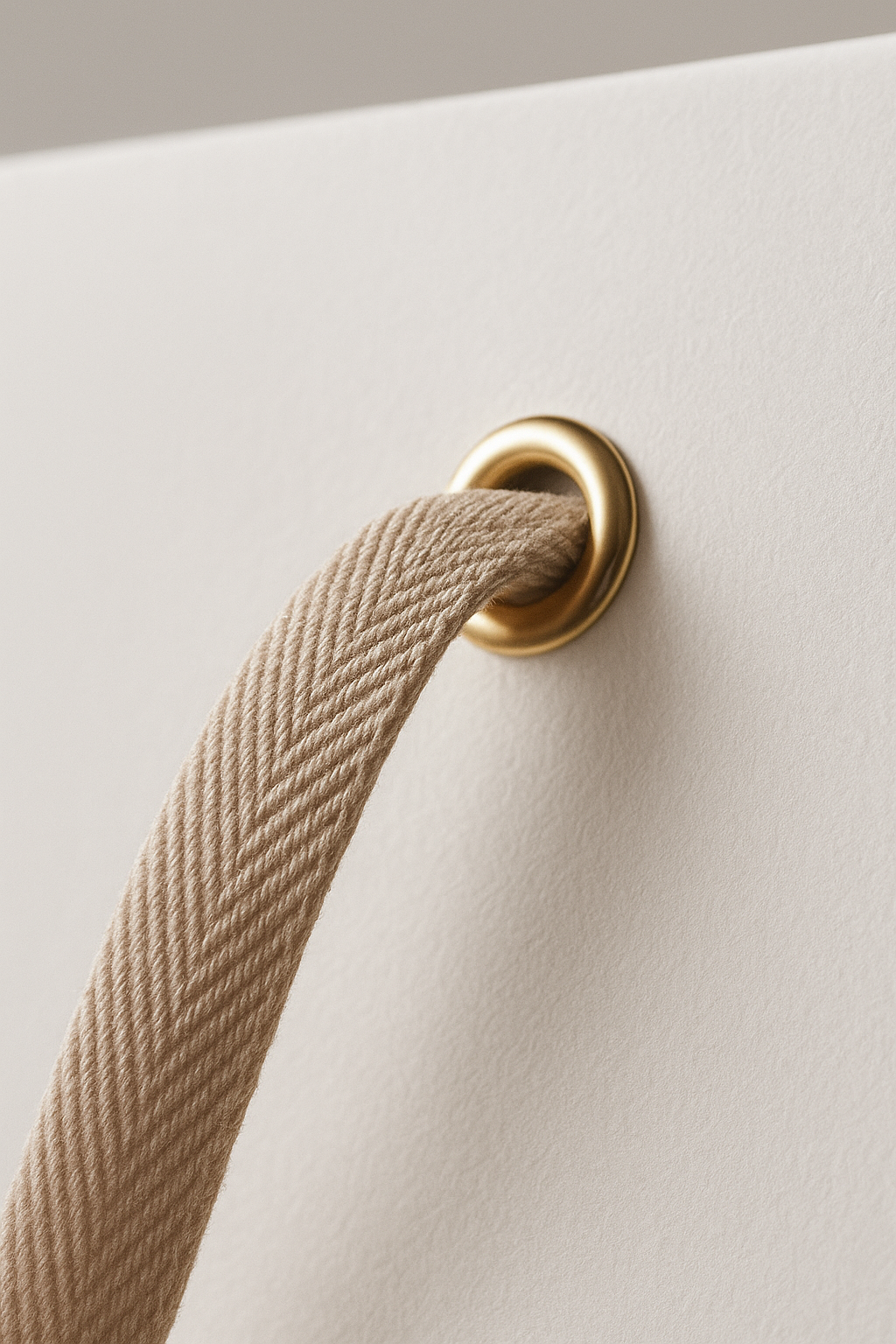 Close-up de uma sacola de papel de alta gramatura com textura premium e alça de gorgurão.