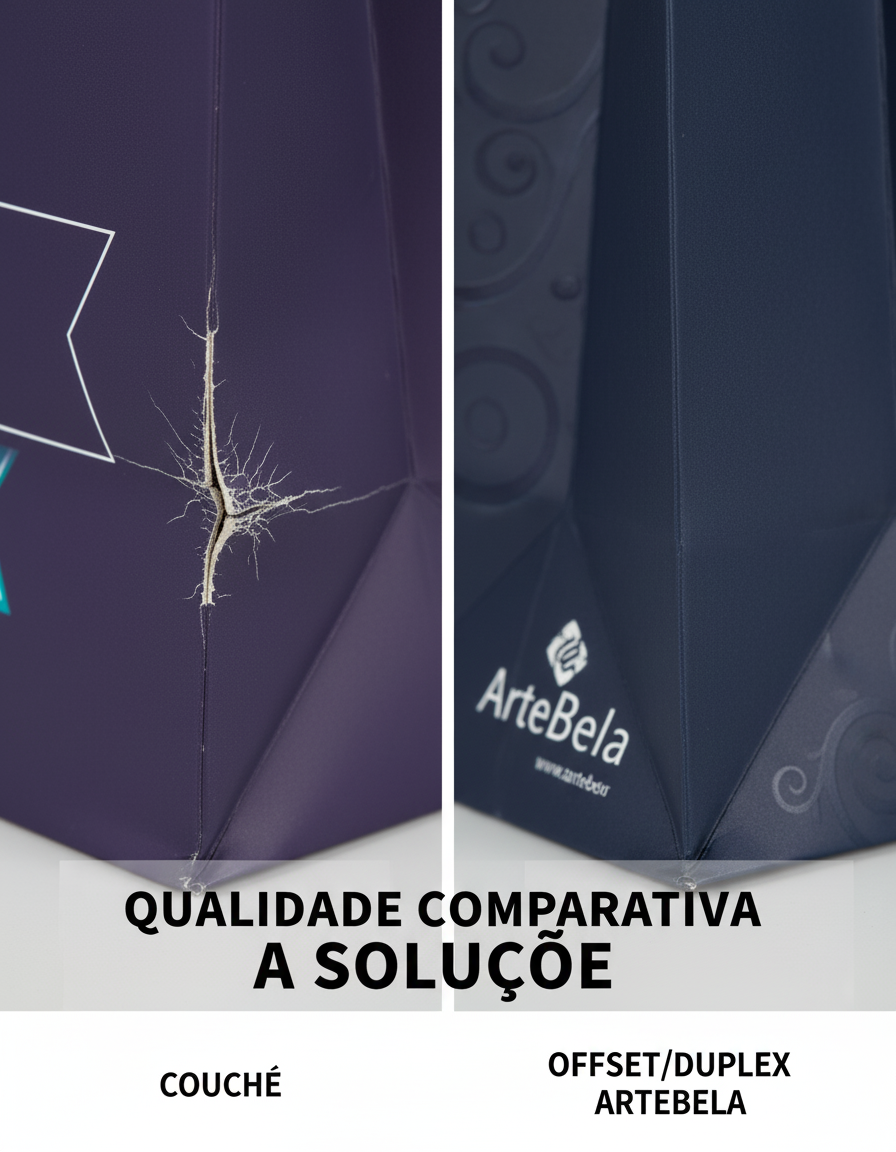 Comparativo mostrando o vinco de uma sacola couchê rachado ao lado de um vinco perfeito de uma sacola offset laminada.