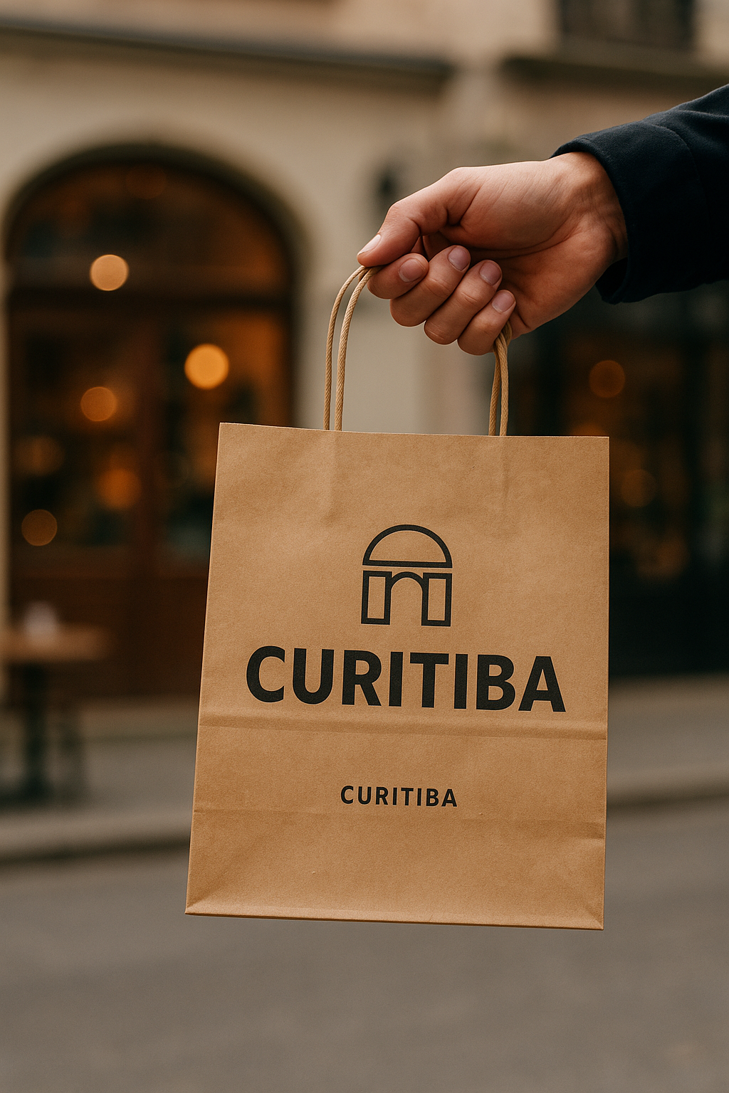 Pessoa segurando uma sacola de papel Kraft de alta qualidade em frente a um café no bairro Batel, em Curitiba.