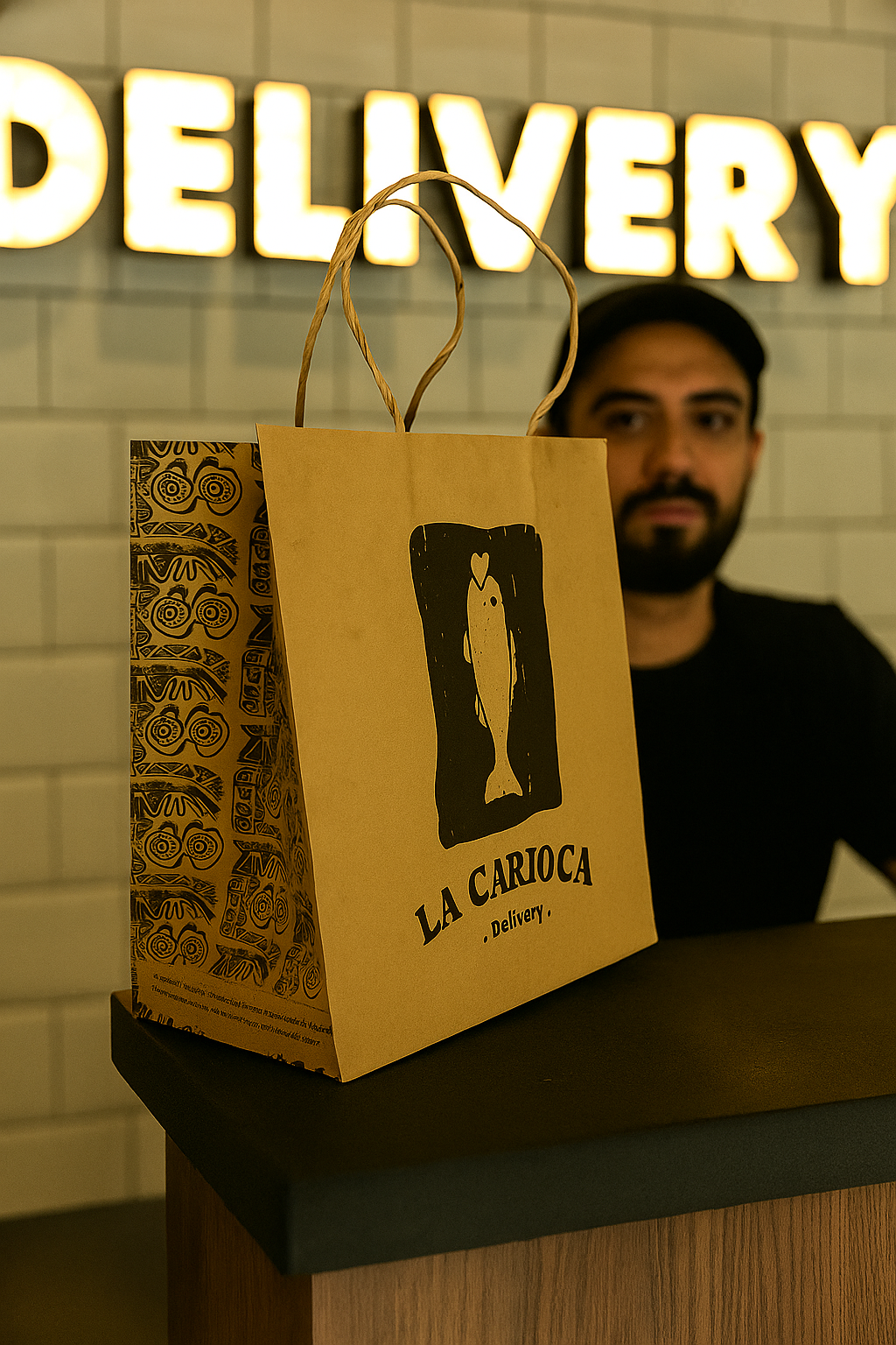 Detalhe da alça de papel torcido reforçada de uma sacola Kraft de delivery.