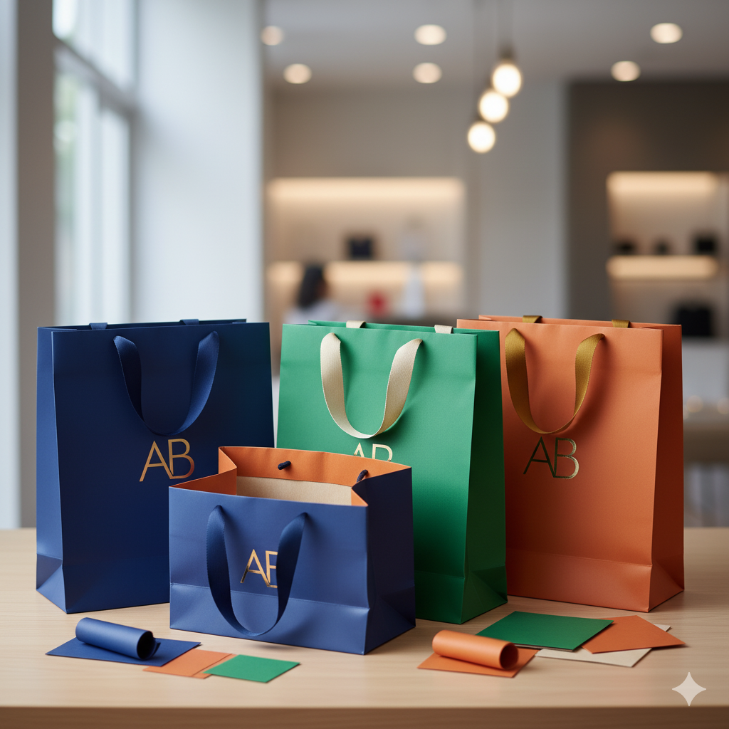 Sacolas de papel em cores vibrantes, mostrando a cor interna e externa idênticas.