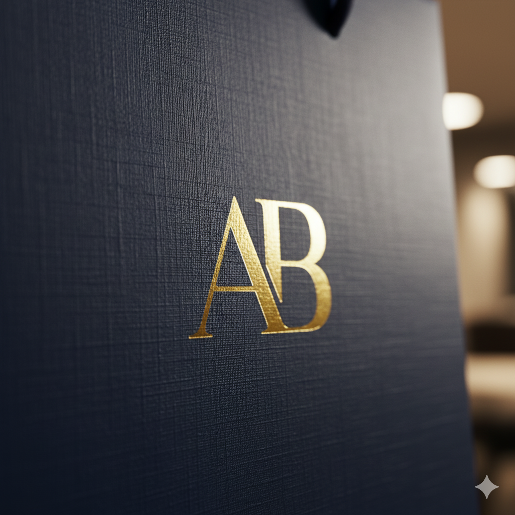 Close-up de uma sacola de papel especial com textura de linho e logo em hot stamping dourado.