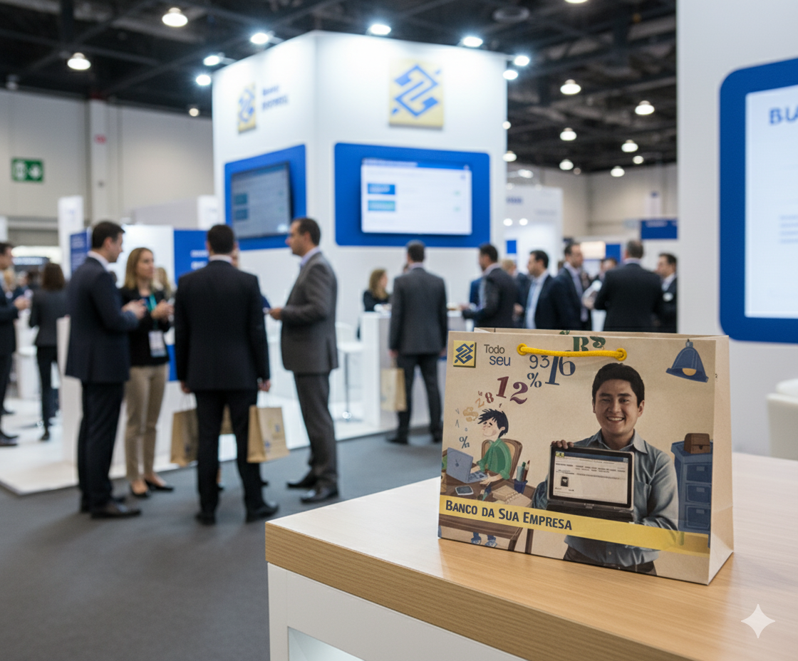 Pessoa em uma feira de negócios recebendo uma sacola personalizada de alto impacto visual.