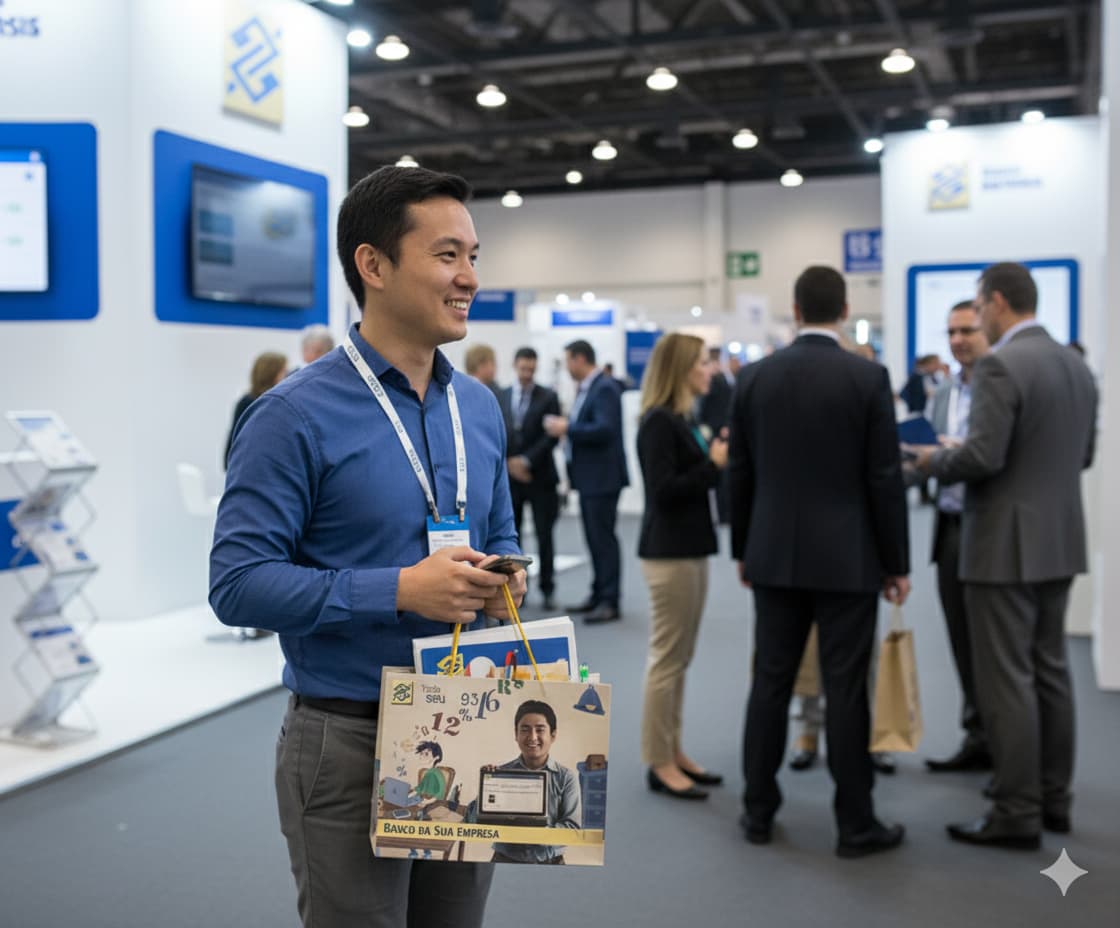 Participante de um evento utilizando a sacola personalizada para carregar catálogos e brindes.