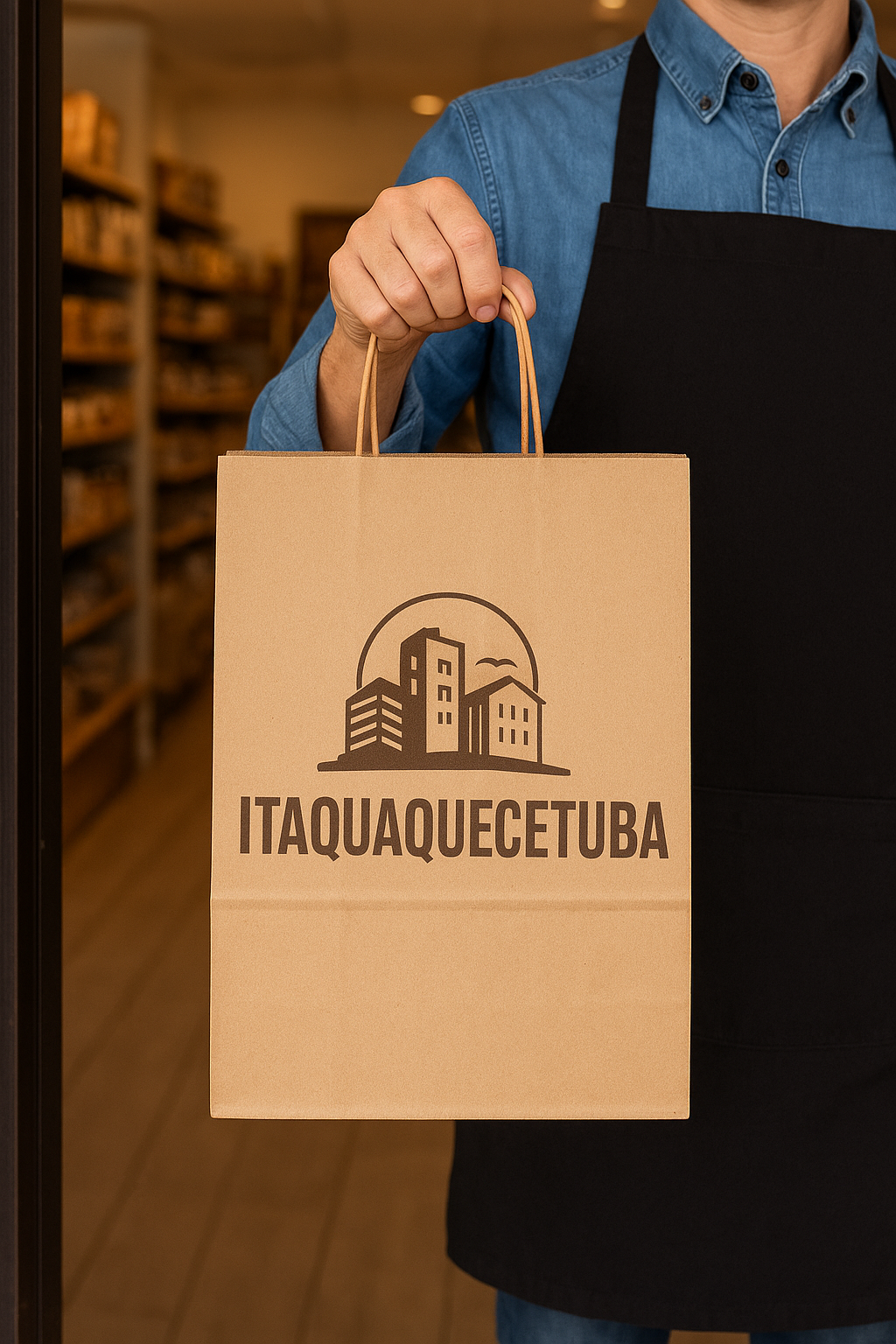 Lojista em Itaquá orgulhoso mostrando a qualidade de impressão de sua sacola personalizada ArteBela.