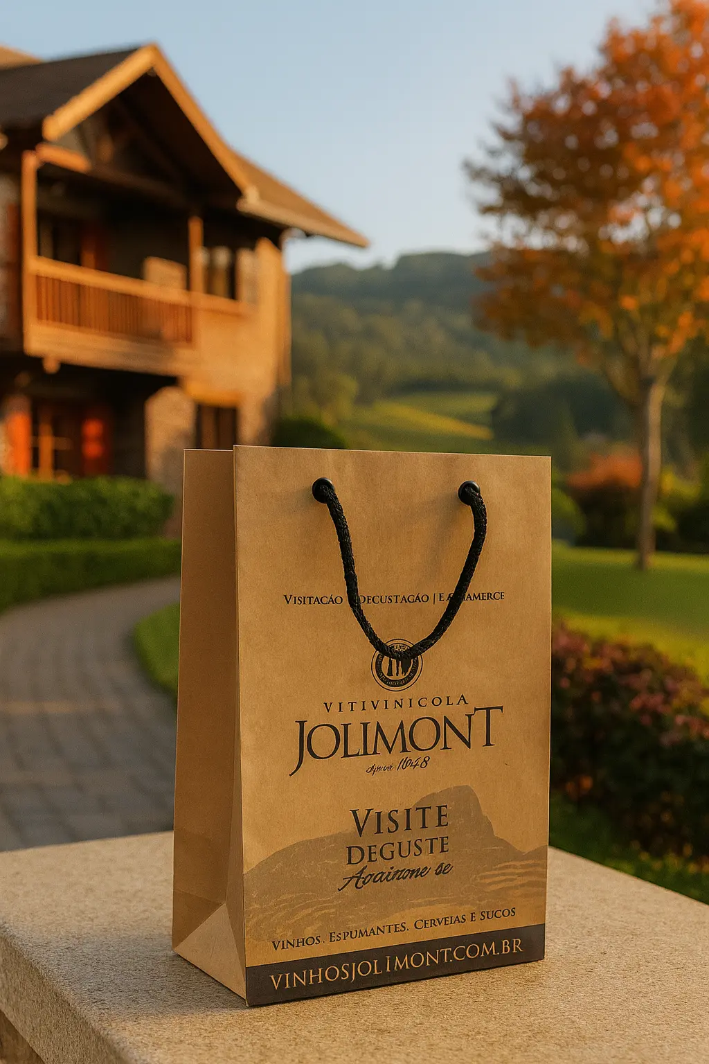 Close-up de logo em preto em sacola kraft pardo