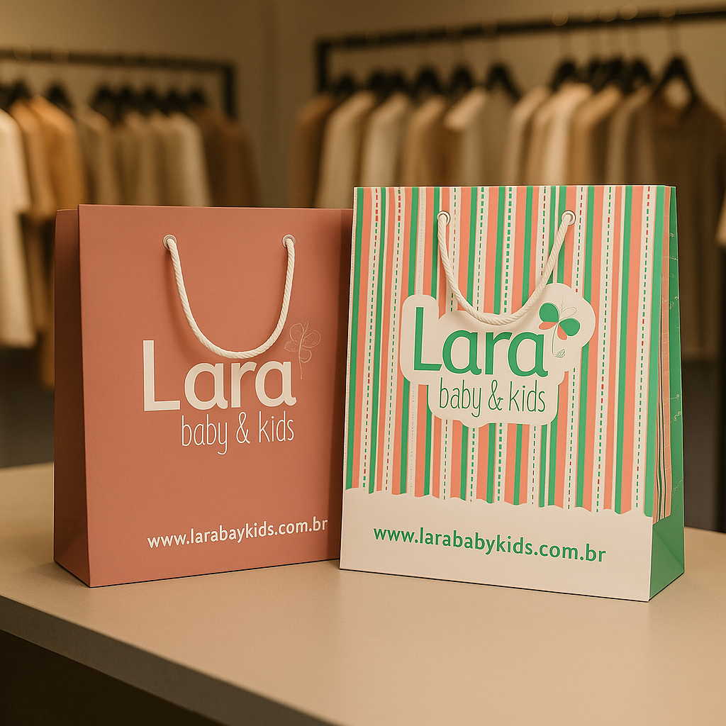 Sacola de papel Offset sofisticada para loja de roupas, mostrando o design alinhado com a marca.