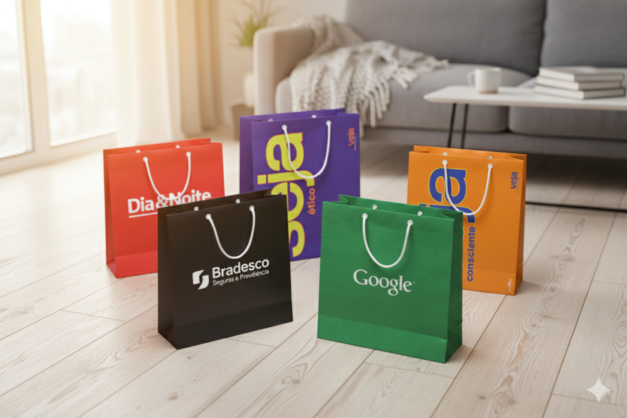 Close-up de uma sacola de papel Offset mostrando a perfeição da impressão e a lisura do papel.