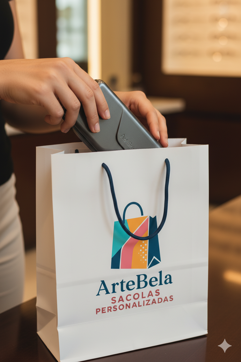 Mãos colocando uma caixa de óculos dentro de uma sacola de papel kraft estruturada e segura.