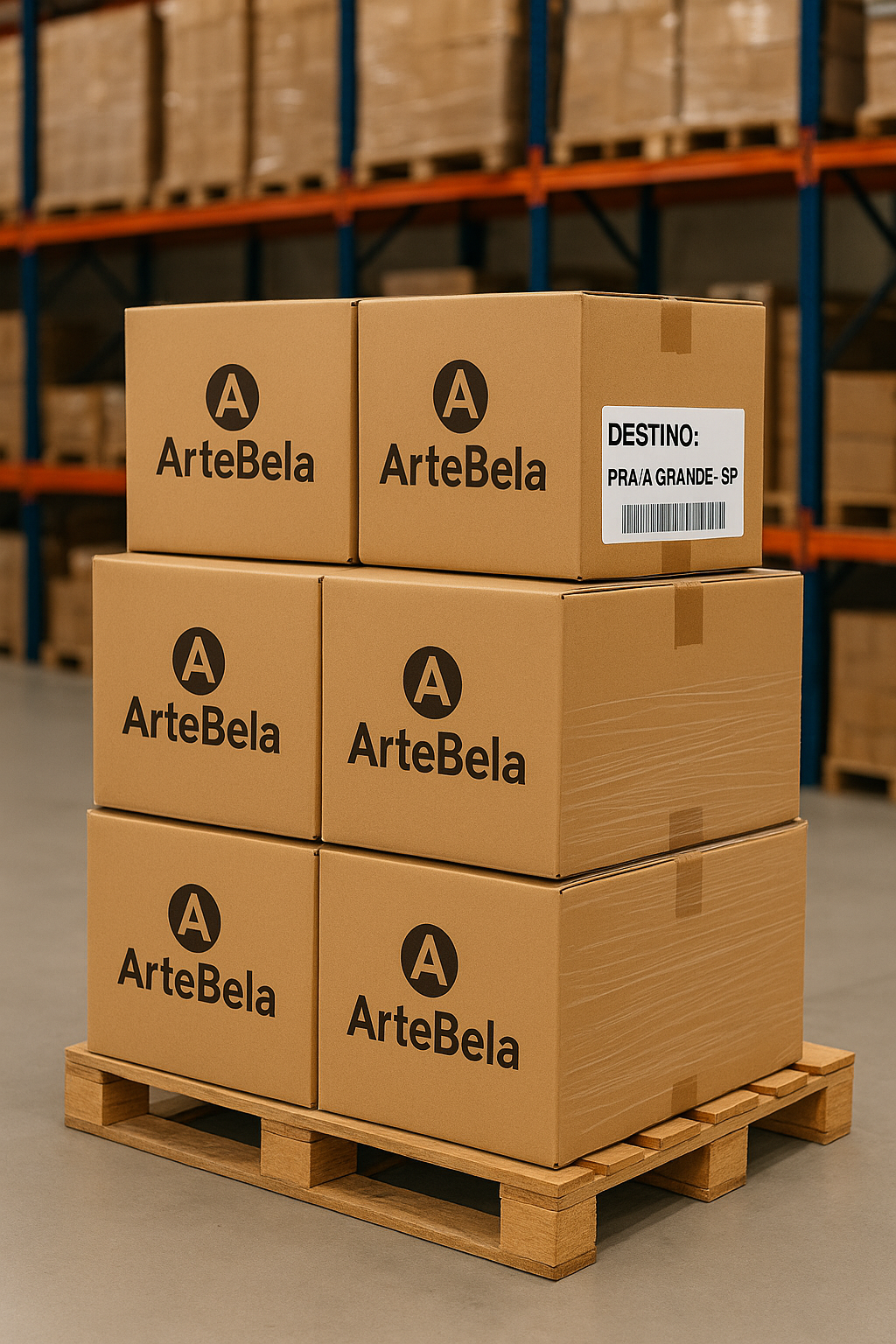 Caixas de sacolas ArteBela etiquetadas para entrega em Praia Grande, SP.