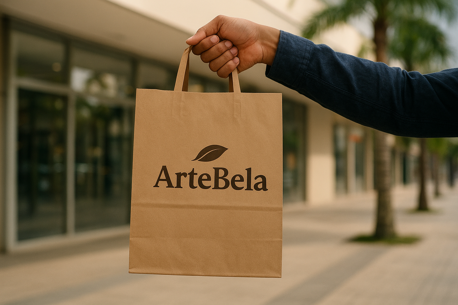 Pessoa segurando uma sacola de papel premium em frente a uma loja no calçadão de Praia Grande.