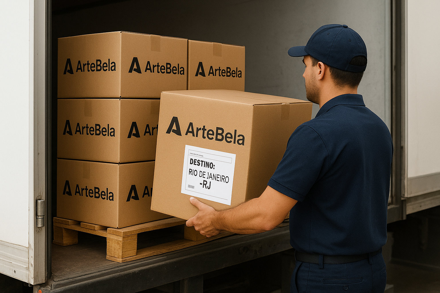 Caixas de sacolas ArteBela sendo carregadas em caminhão com etiqueta de destino para o Rio de Janeiro - RJ.