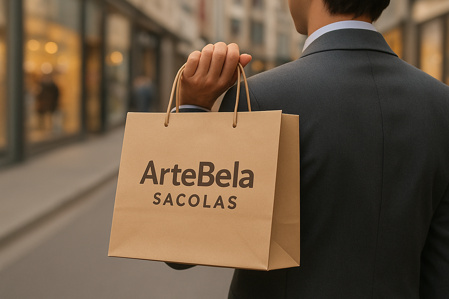 Sacola de papel premium ArteBela se destacando no comércio de rua de São Bernardo do Campo.