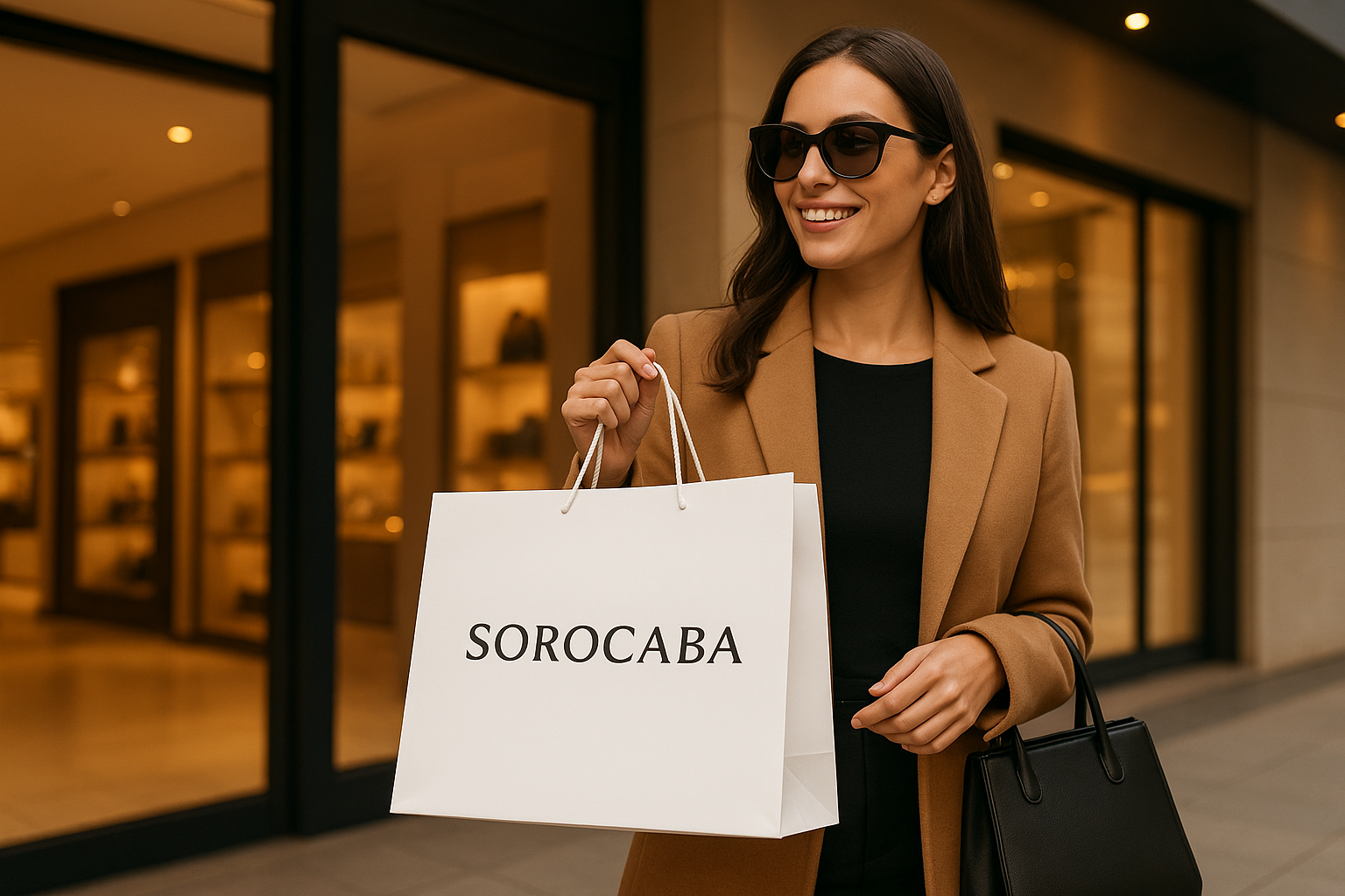 Pessoa segurando uma sacola de papel personalizada de alta qualidade em frente a uma loja em Sorocaba.