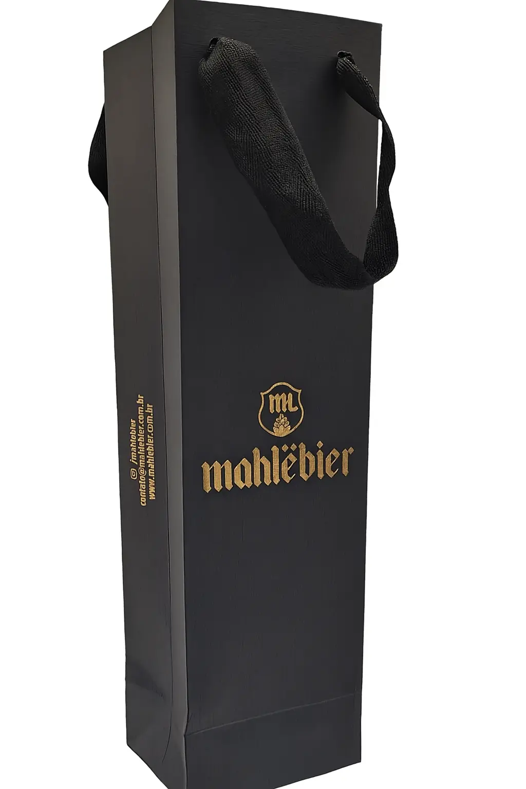 Sacola de vinho preta em Offset com logo em hot stamping dourado