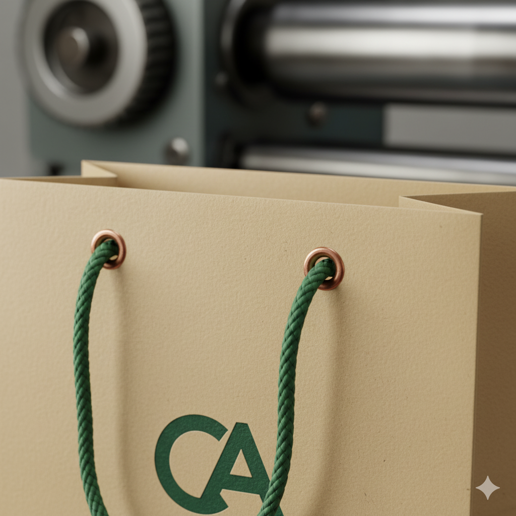 Detalhe do acabamento de alta qualidade de uma sacola de papel personalizada.